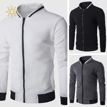 

New Men's Diamond Sweater Jacket Stand Collar Diamond Check Sweater Jacket Men Zipper Jacket CY