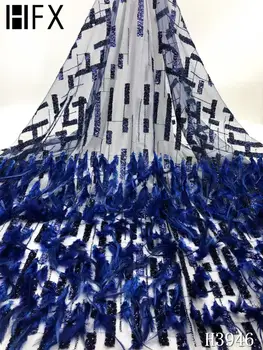 

HFX African Lace Fabric 2020 High Quality French Net Lace Fabric With Sequins Feather Tulle Lace Fabric for Wedding Dress F3946