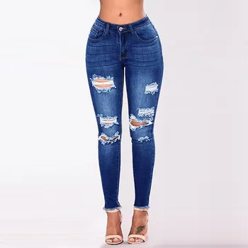 

Fashion Women Jeans Casual Denim Hole Female Mid Waist Stretch Slim Sexy Pencil Pants Drop Shopping джинсы женские Wd4