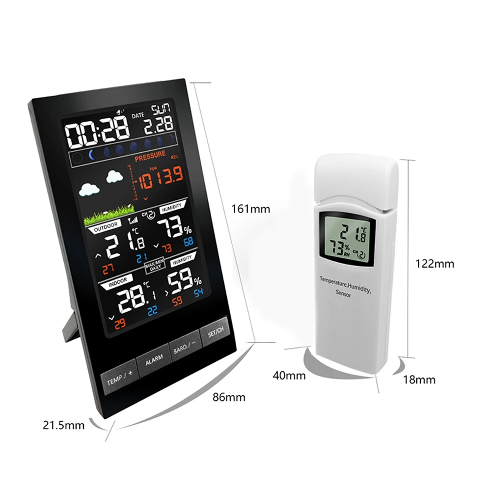 Goede Draadloze Weerstation Klok Indoor Outdoor Temperatuur Vochtigheid Sensor Kleurrijke Lcd Weer Snooze Klok Hygrometer