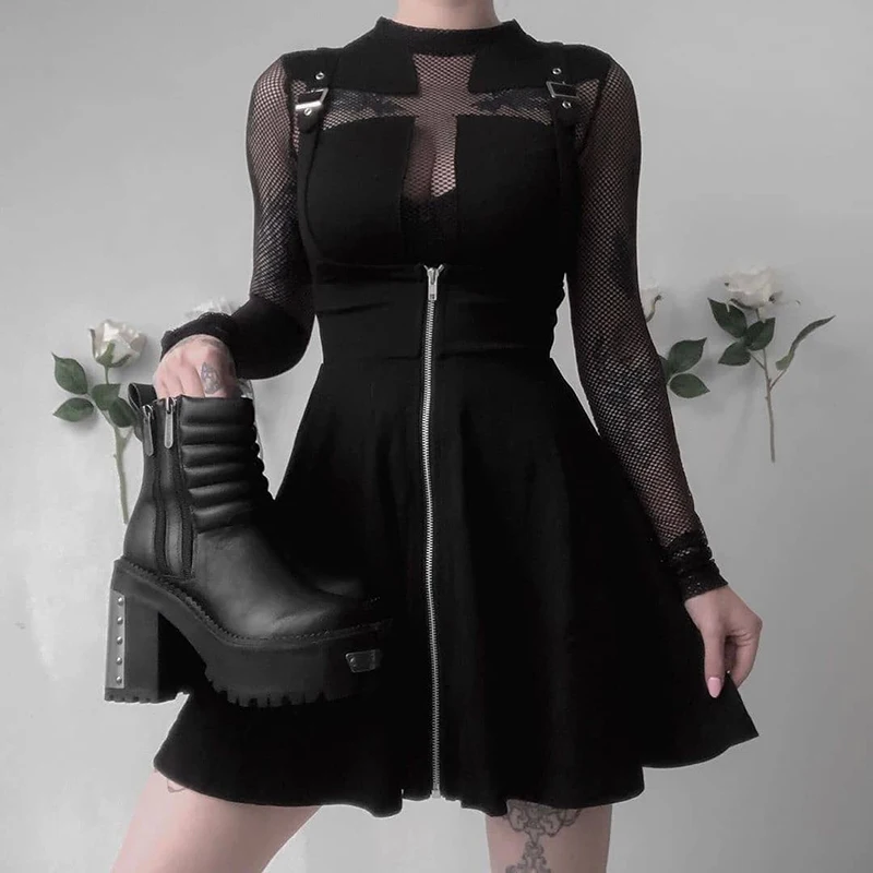 Готические панк черные юбки на подтяжках Комбинезоны женские плиссированные