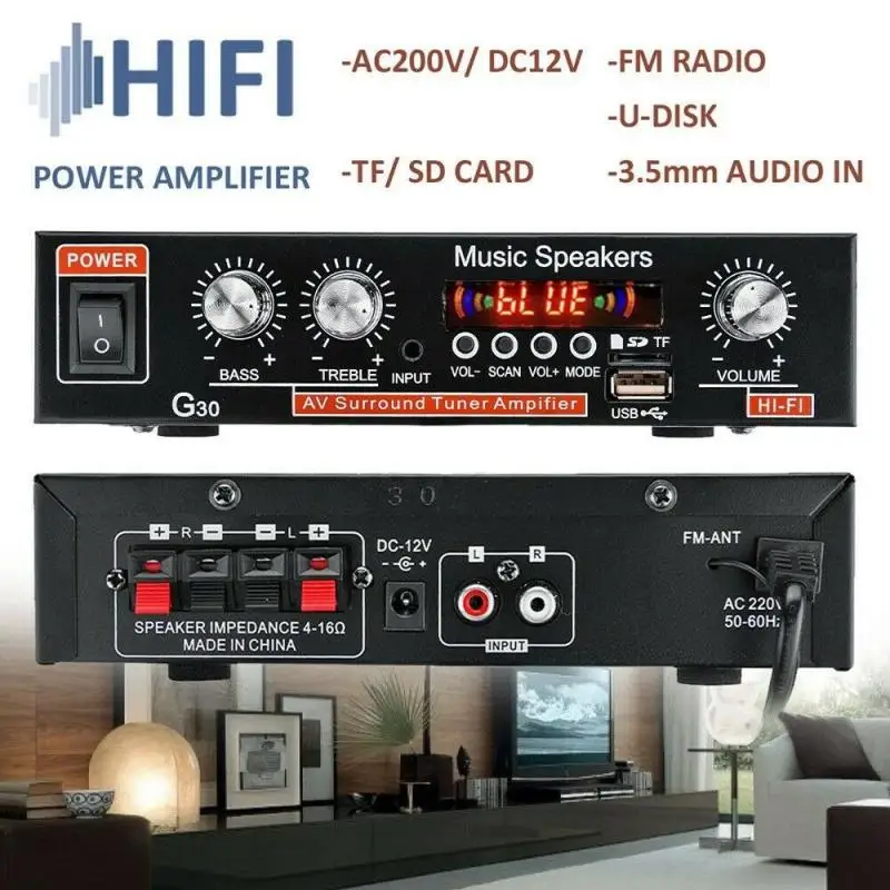 5 channel amplifier 800W EU/US G30 Audio Amplifier Amplificador Digital Home Power Bluetooth-compatible Hifi Stereo Subwoofer Music Player sound digital amp