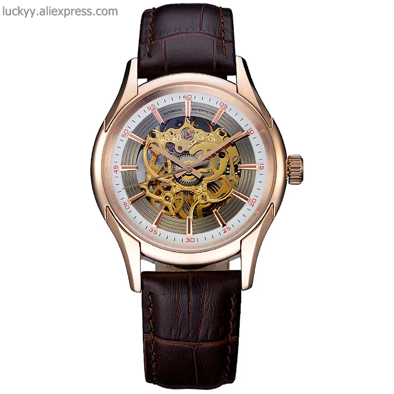 2020 luxury brand rose gold mens watch automatic mechanical hollow watch brown leather strap butterfly clasp wristwatch A209