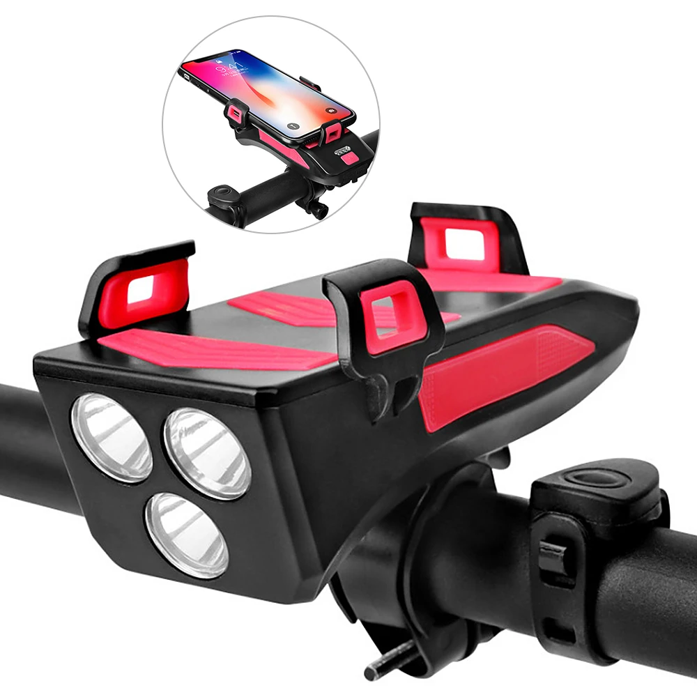 4 IN1 Bike Light USB Bicycle Horn Lamp with Mobile Phone Bracket 250 Lumens Bike Flashlight Cycling Headlight 3 Lighting Modes