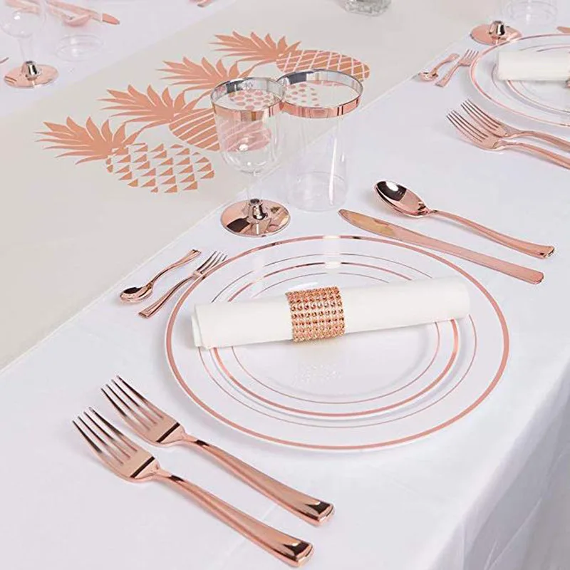 25 шт одноразовые розовые золотые прозрачные чашки пластиковая обеденная тарелка Золотой набор столовых приборов свадебные столовые ножи вилки ложка ПИС