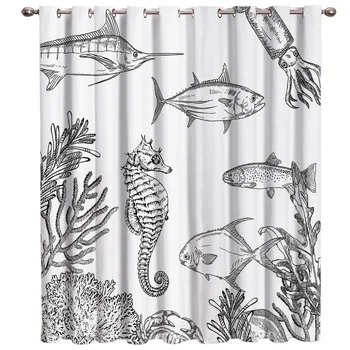 

Hand-Painted Sea Life Pattern Seahorse Squid Fish Window Treatments Curtains Valance Window Curtains Dark Blackout Bedroom