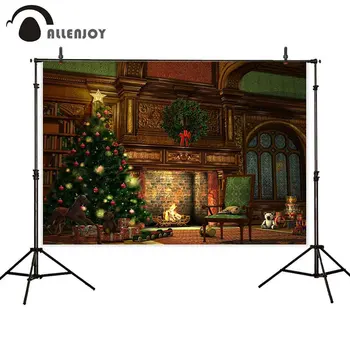

Allenjoy photophone backgrounds Christmas tree winter fireplace gift indoor decoration family photographic backdrops photobooth