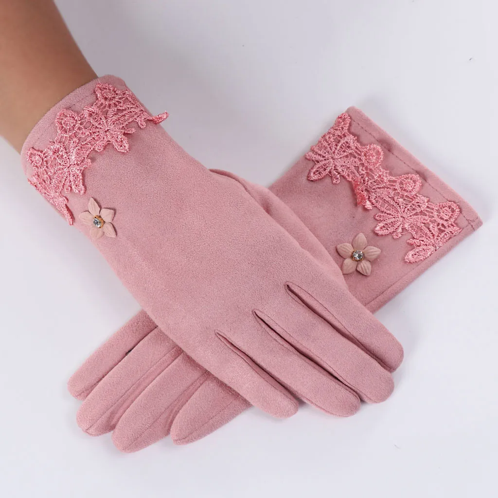 Перчатки с бантиком, зимние, теплые, цветочные, кружевные, термо, флис, уплотненные, варежки, полный палец, перчатки для велоспорта, перчатки для женщин# YL5
