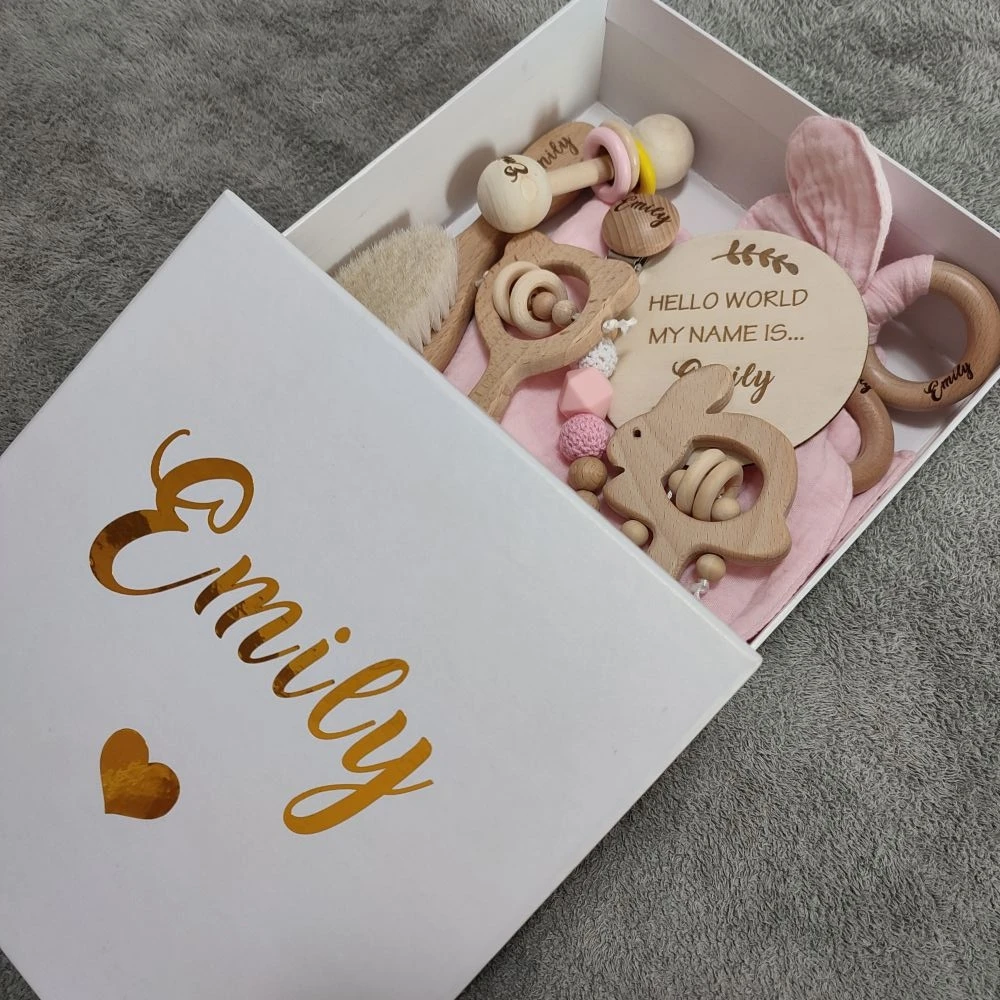 Baby Gift Box 8pcs with Personalized Name Natural Wood Teether Rattle Set Baby Toy Name Announcement Brush for gift box
