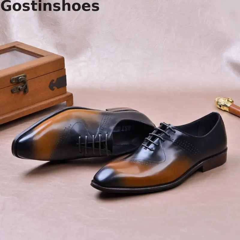 Luxury Oxfords Shoes Men Genuine Leather Lace-up Pointed Toe Fashion Mens Shoes Black Brown Formal Leather Shoes Office Dress