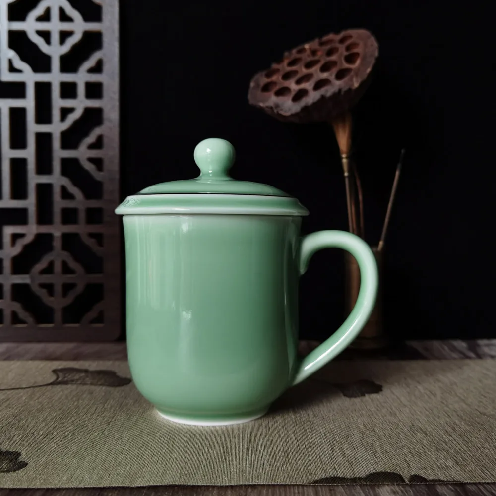 

Coffee Mugs Teacup with Lid 13.5oz Porcelain Milk Cups Smooth Glazed Ceramic Chinese Celadons Microwave and Dishwasher Safe