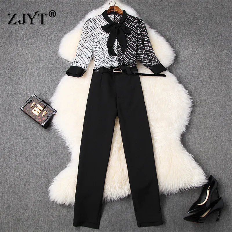 

2020 Spring Elegant Two Piece Set Top and Pants Matching Sets Office Lady Outfits Bow Collar Print Chiffon Blouse Pants Suits