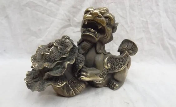 YM 318 10" Chinese Bronze FengShui Cabbage Coin RuYi PiXiu Lion Unicorn Kylin Statue