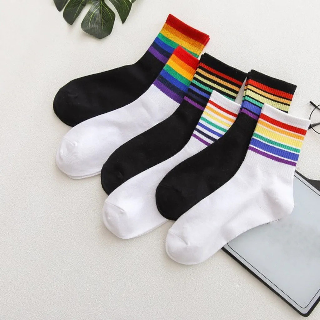 2 pairs of lovers wild rainbow striped cotton socks loaded deodorant sweat-absorbent warm casual sports office autumn winter new