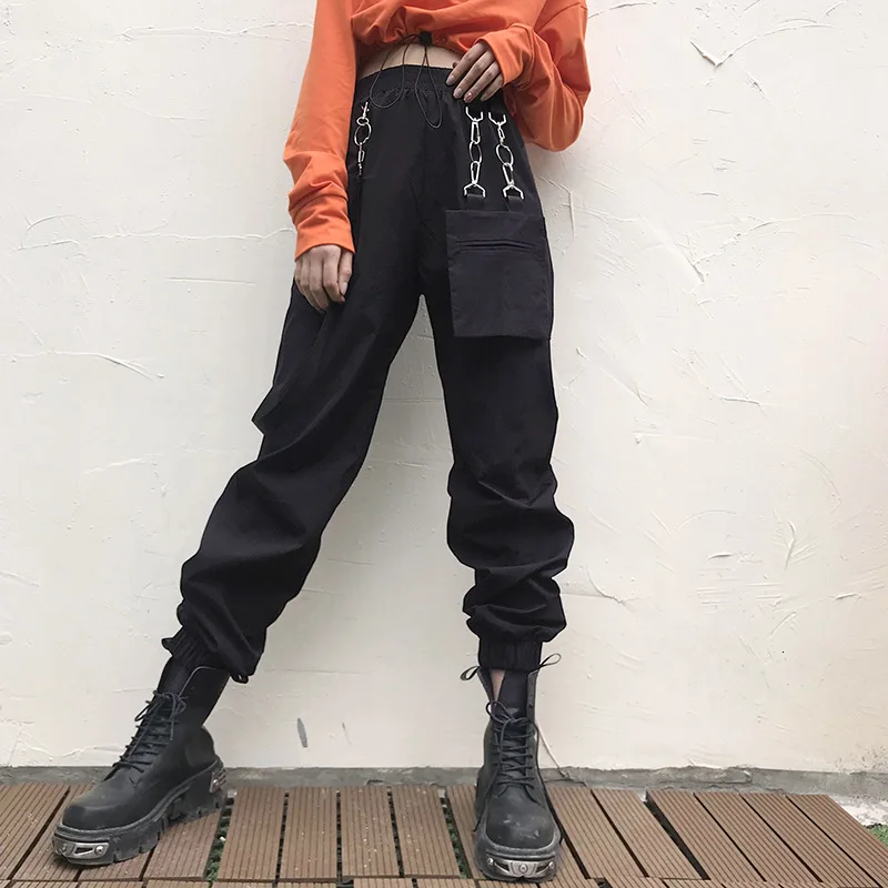Techwear модные женские брюки карго с карманом и пряжкой повседневные Черные