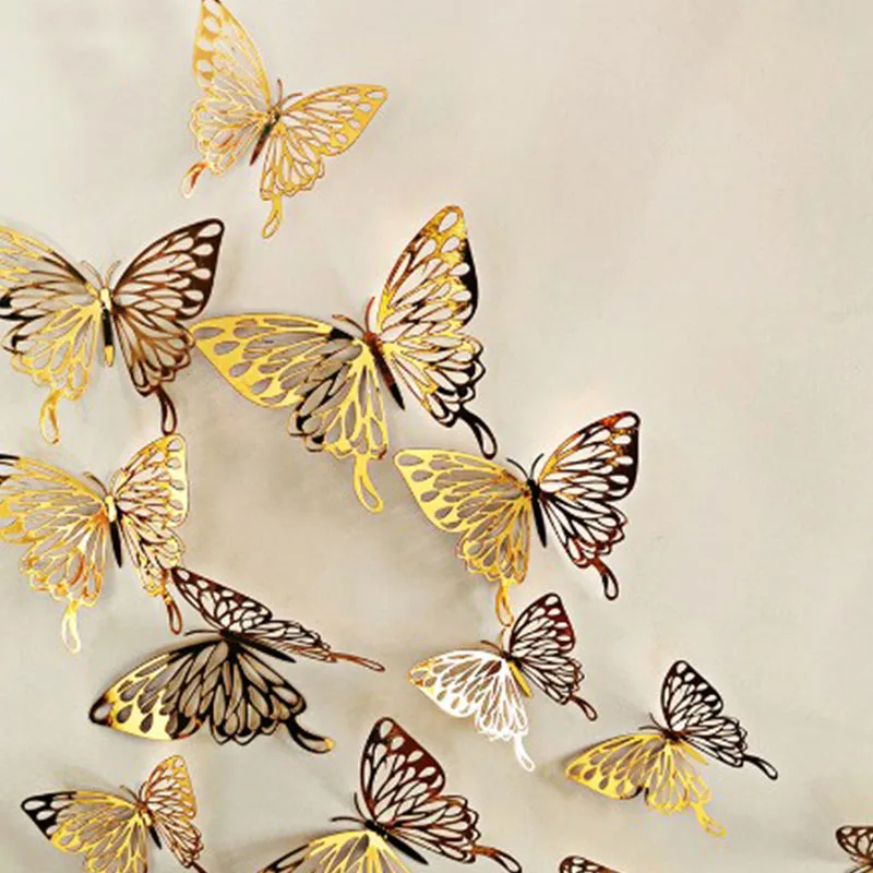 12 шт./лот 3D полые золотые серебряные бабочки настенные наклейки Искусство