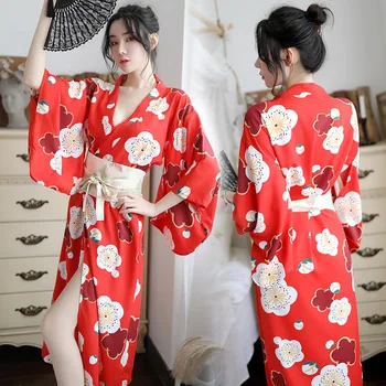 

Traditional Brand Women Japanese Kimono Sleepwear Sexy Deep V-neck Kimono Satin Floral Printed Nightwear Bath Robe costume