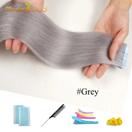 Grey-20 Pcs ShowCoco лента в Пряди человеческих волос для наращивания натурального волос 20/40 шт, смешанные цвета, Цвет горячие головы для наращивания блеск коричневого до блондинка ленточных накопителей - Цвет: Grey-20 Pcs