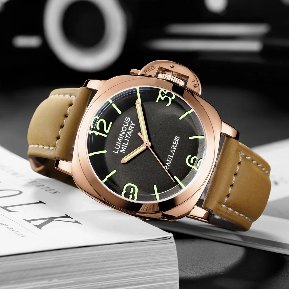 Men Automatic Self Wind Mechanical Genuine Brown Leather Strap Yellow Green Military Luminous 44mm Luxury Rose Gold Watch