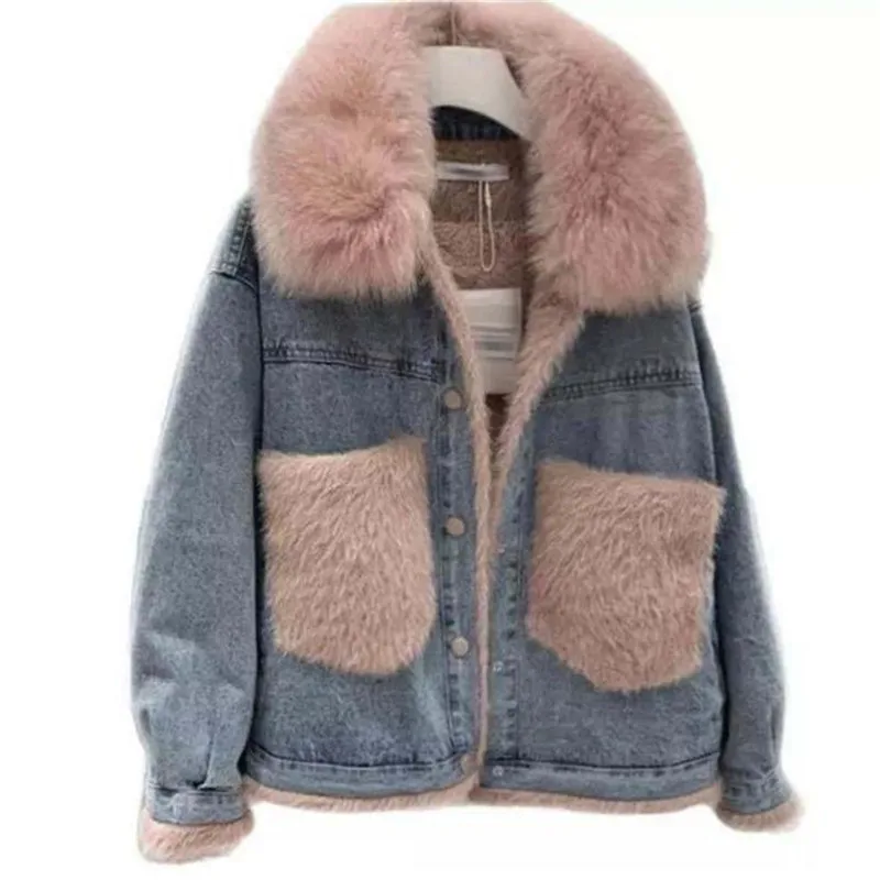 

2023 New Fashion Fox Big Fur Collar Plus Velvet Denim Jacket Women's Coat Loose and Thick Warm Jacket Cotton Clothing