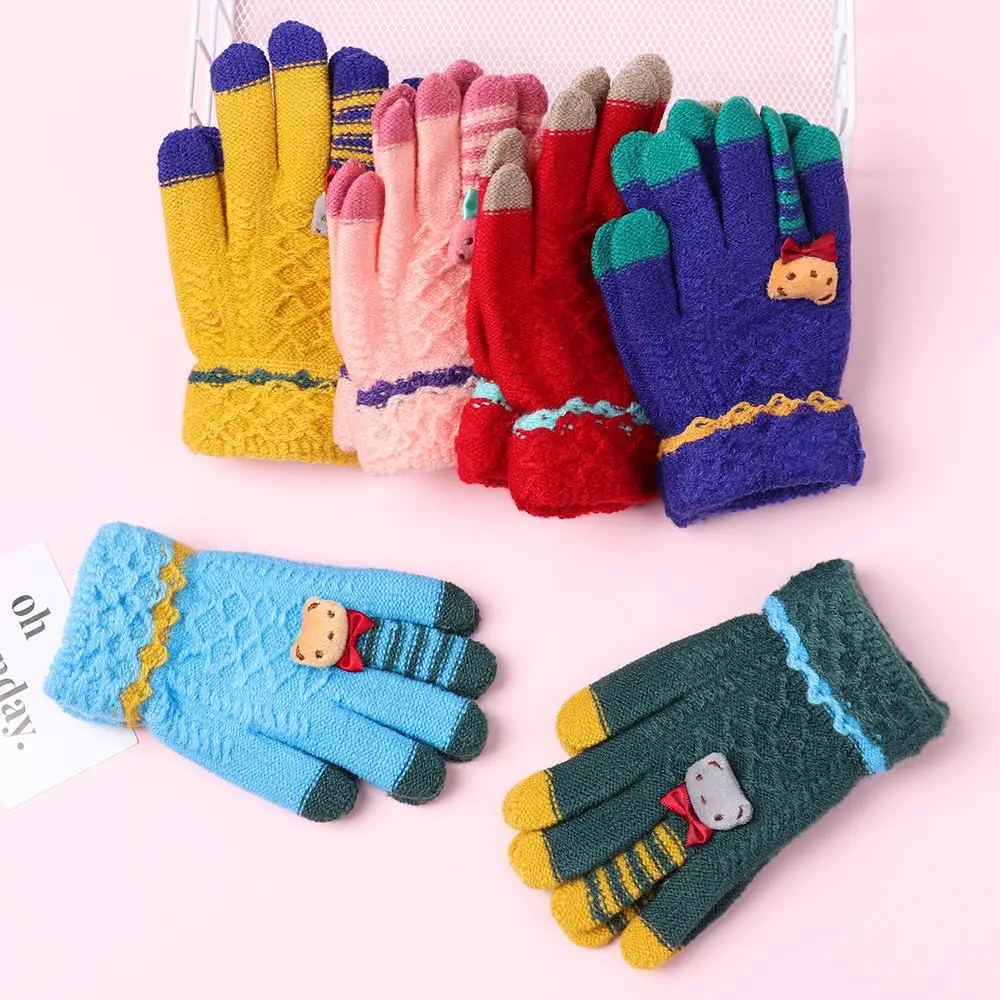 1 пара зимних детских перчаток, теплые вязаные перчатки, толстые рукавицы с рисунком медведя и бантиком, прекрасные перчатки для детей 5-10 лет