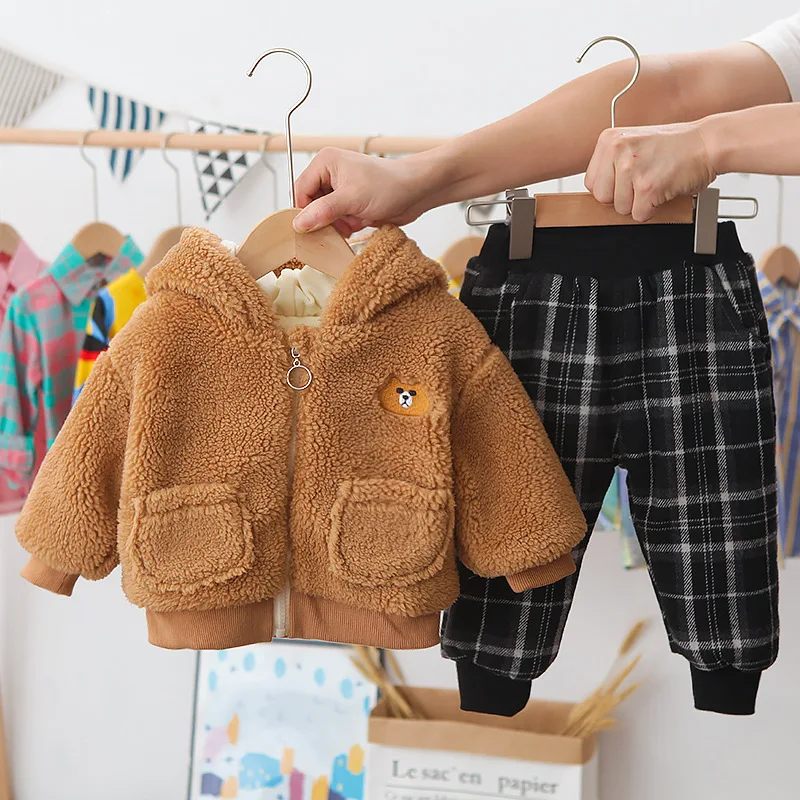 

Warm Baby Boys Clothes Set Velvet Hooded Kids Jacket Coat+Pants Suit Winter Toddler Tracksuits Good Quality Children Clothing