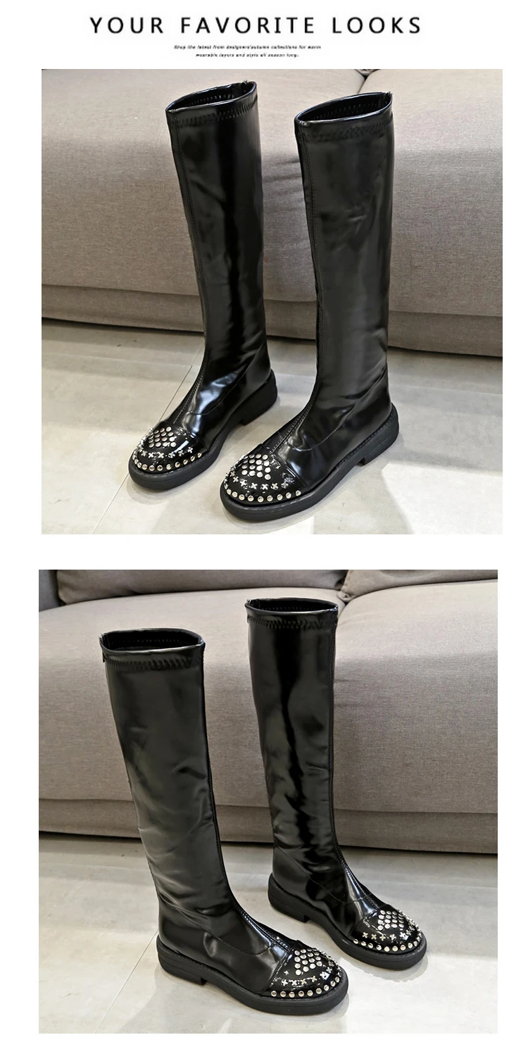 Повседневное стиль круглый носок осень; заклепки; матовые сапоги до колена высокие сапоги эластичные черные, на низком каблуке ботинки на платформе женская обувь