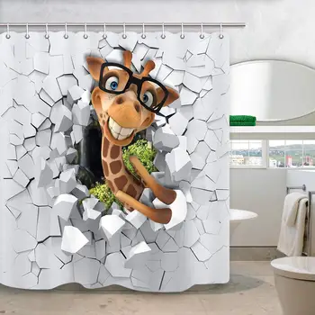 

Funny Cartoon Giraffe Shower Curtain, 3D African Giraffes Animals Peeping from Broken Wall Fabric Curtains for Bathroom, Kids