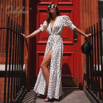 

Ordifree 2020 Summer Vintage Women Boho Maxi Dress Retro Polka Dot Print Tunic Long Beach Dress