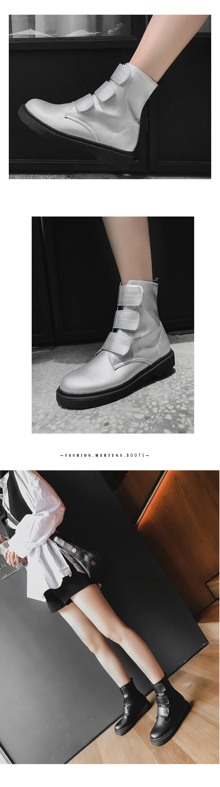 Botas mujer; повседневная черная обувь на застежке-липучке; женские Ботинки martin; модные брендовые женские ботильоны из искусственной кожи; Цвет Серебристый; женские ботильоны