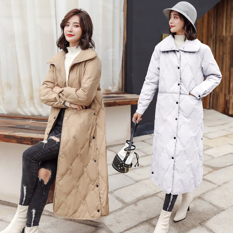 Long Sleeve Long Straight-Cut Pocket Winter White Duck down Convention Solid Color Polo Collar Simple Fashion down Jacket