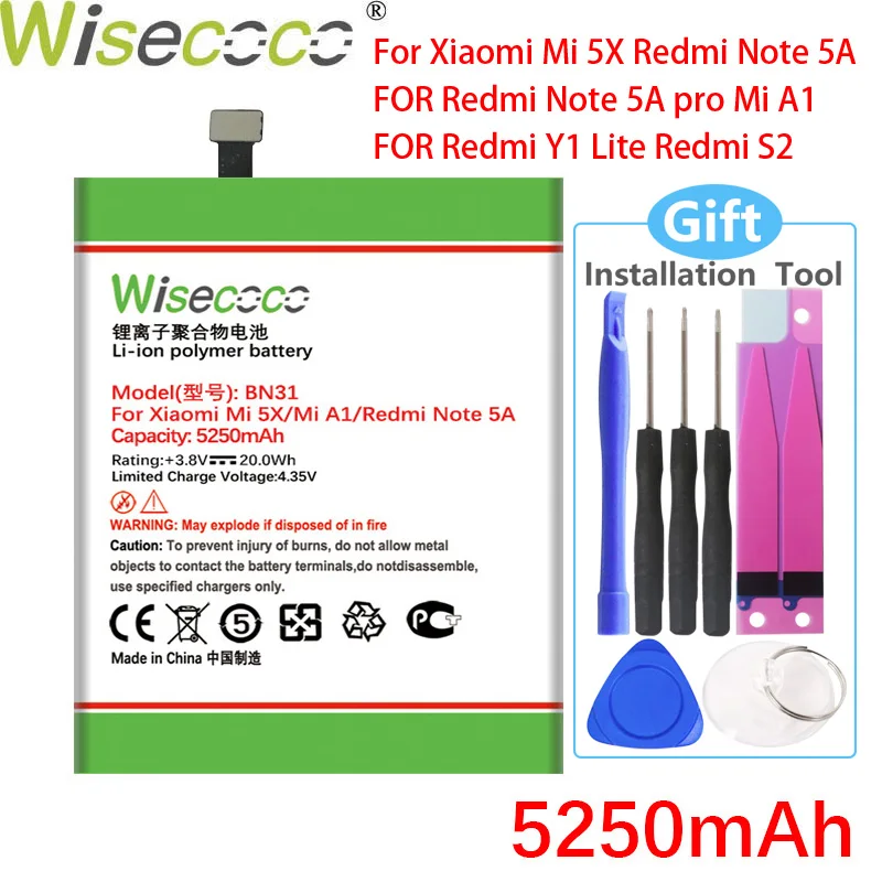 WISECOCO 5250mAh BN31 Battery For Xiaomi Mi 5X Mi5X / Redmi Note 5A A1 Y1 Lite Phone+Tracking Number | Мобильные телефоны и