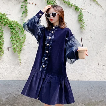 

2020 Spring Dress Vintage Patchwork Sapphire Princess Dress Women Loose Knee-length Long Sleeve Palace Ruffle Maxi Dresses