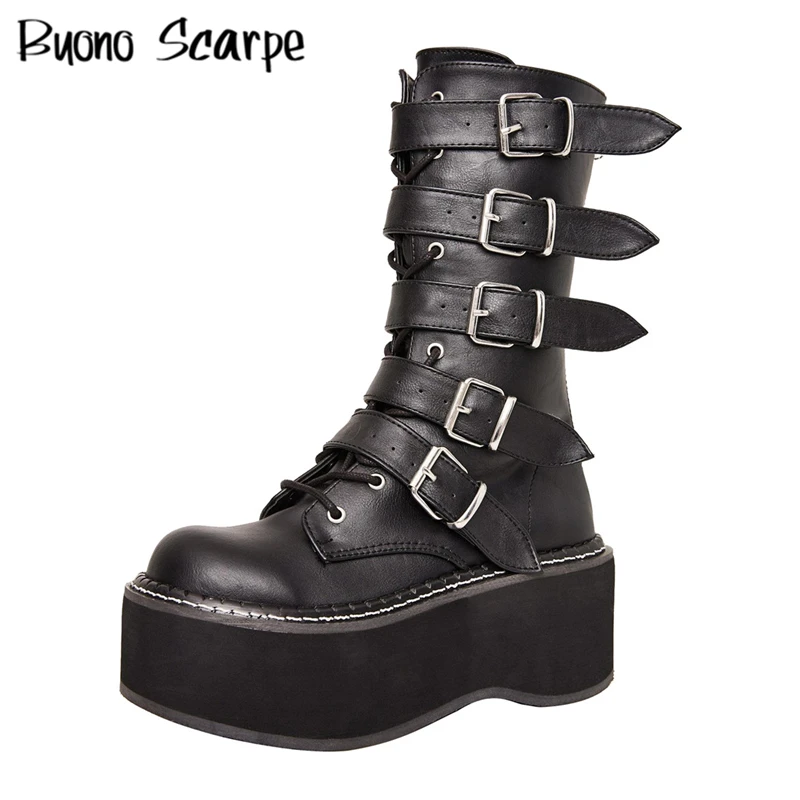 Botas con hebillas negras de plataforma para Mujer, zapatos de combate con cremallera, de suela gruesa, estilo gótico Punk, Otoño e Invierno|Botas hasta el tobillo| - AliExpress