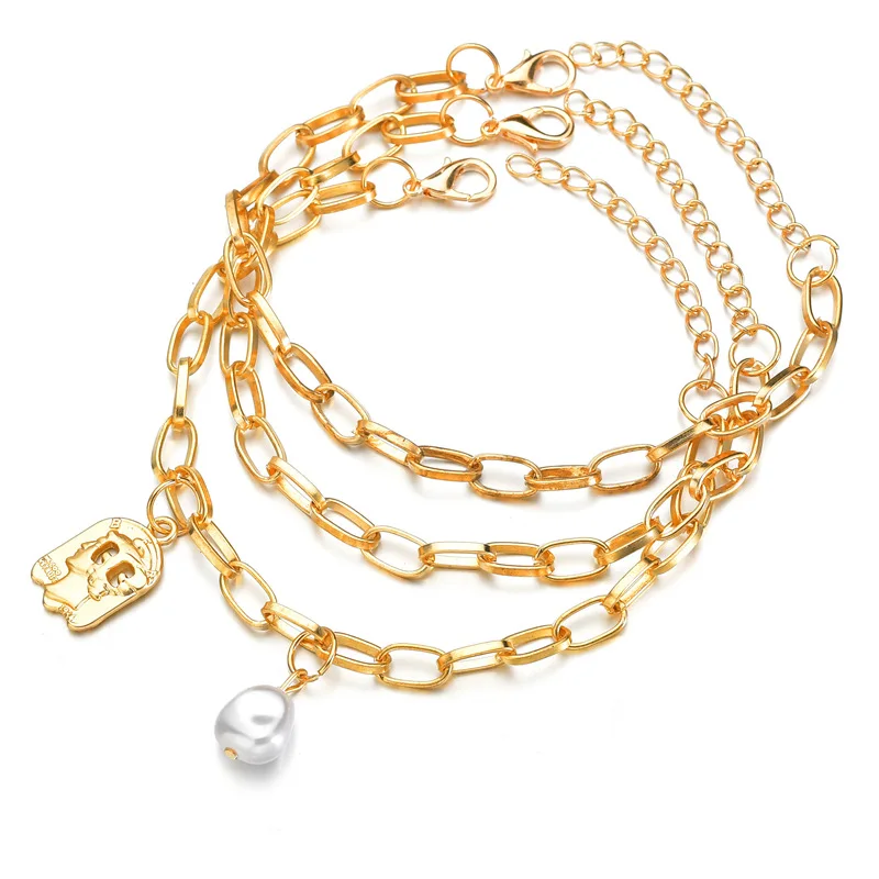 Панк широкий золотой цвет многослойный браслет цепочка для женщин и мужчин имитация жемчуга Очаровательная Браслет женские ювелирные изделия