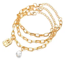 Панк широкий золотой цвет многослойный браслет цепочка для женщин и мужчин имитация жемчуга Очаровательная Браслет женские ювелирные изделия