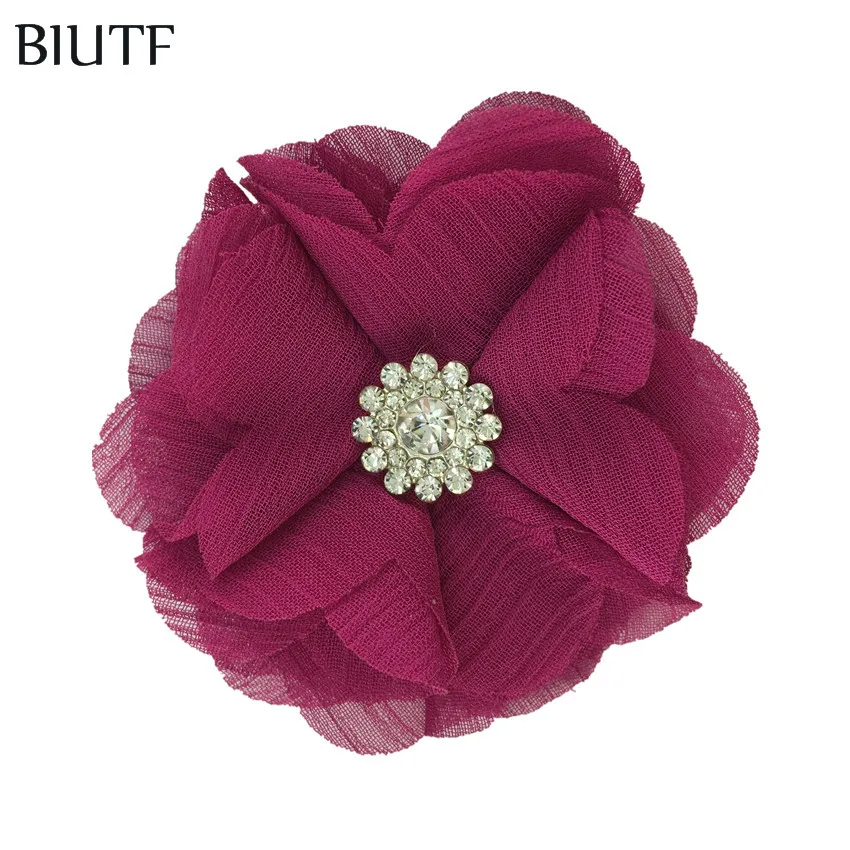 26-deep rose 10 шт./лот 2,4 дюймов Искусственный шифон цветок с Rhionestone Кнопка детский головной убор шпилька швейный цветок DIY бутик TH301 - Цвет: 26-deep rose