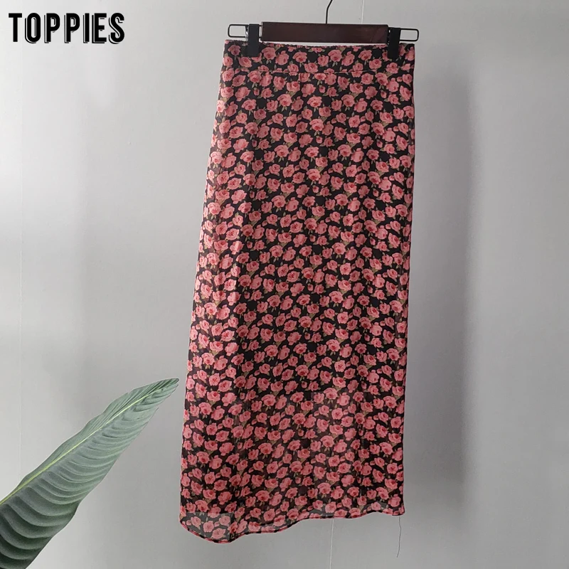 toppies summer two piece set cotton linen t-shirts floral printing midi skirts womens set korean fashion