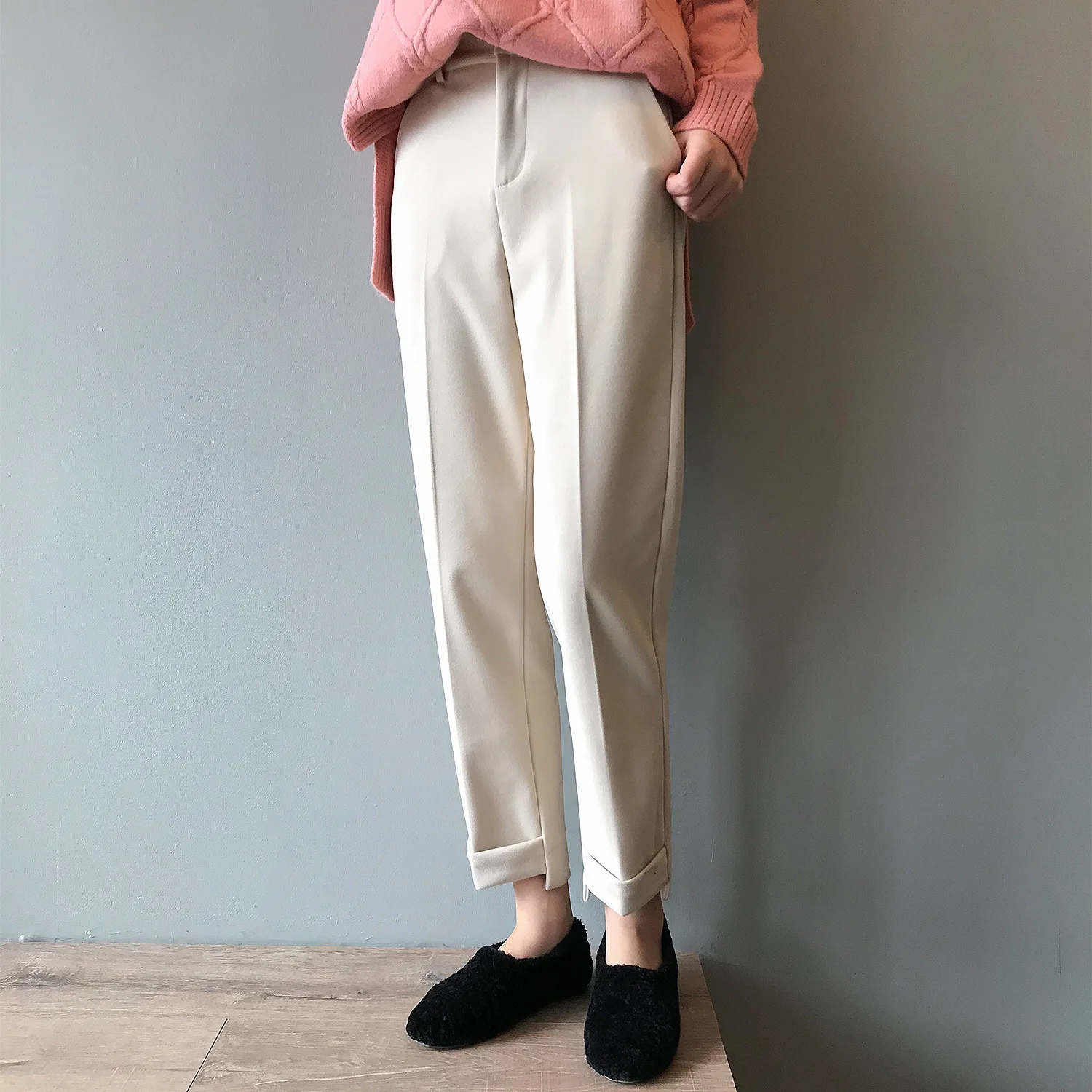 Mooirue Весна Зима Pantalon для женщин Рабочая Высокая талия шерстяные теплые свободные Высокая талия Дамы Pantalon низ