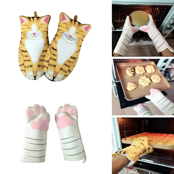 

Cute Cat Paws Kitchen Cooking Insulation Microwave Gloves Non-Slip Baking BBQ Potholders Oven Mitts Heat Resistant Cotton Gloves