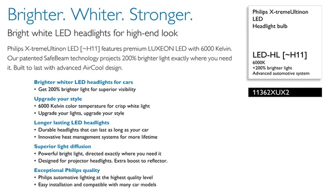 Philips X-treme Ultinon Led H11 12v 11362xux2 6000k Bright Car Led  Headlight Auto Hl Lamp Beam +200% More Bright (twin Pack) - Car Headlight  Bulbs(led) - AliExpress