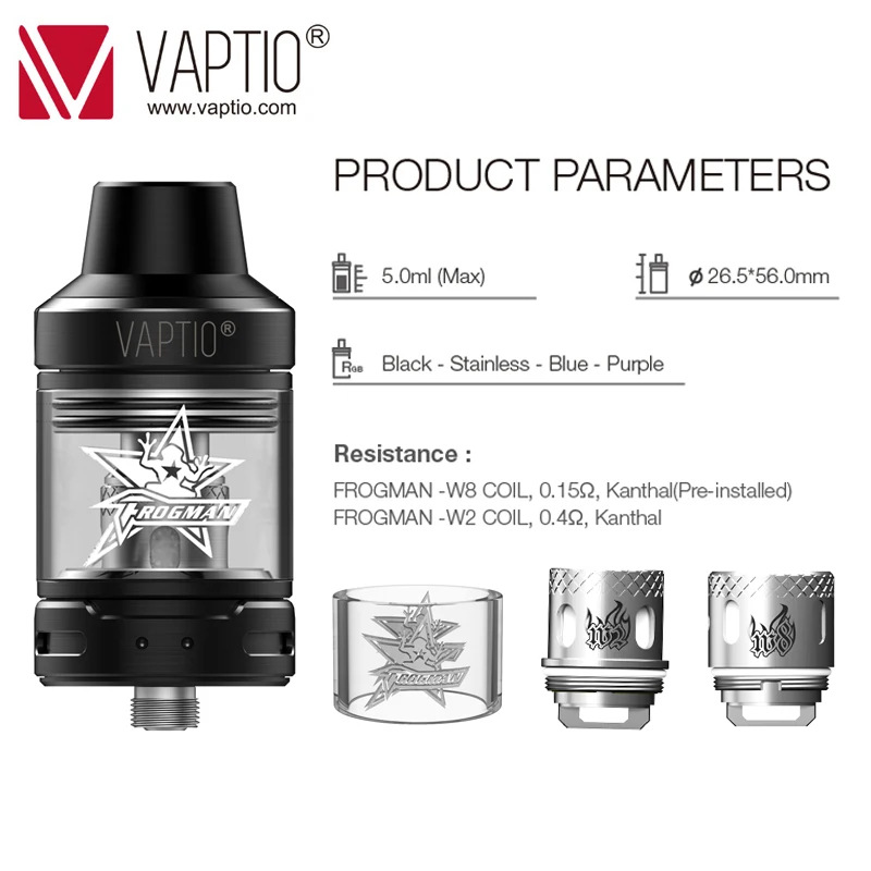 

Original E Cigarette Atomizer Vaptio Frogman TANK 2ml/5ml vape TANK 510 thread atomizer evaporator coils 0.15ohm/0.4ohm included