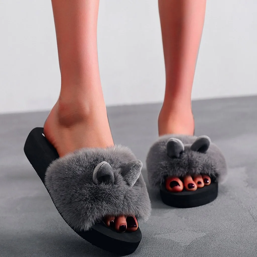 Zapatilla de casa con Orejas de conejo para mujer, zapatos planos sin cordones con punta abierta, pantuflas calientes para el invierno