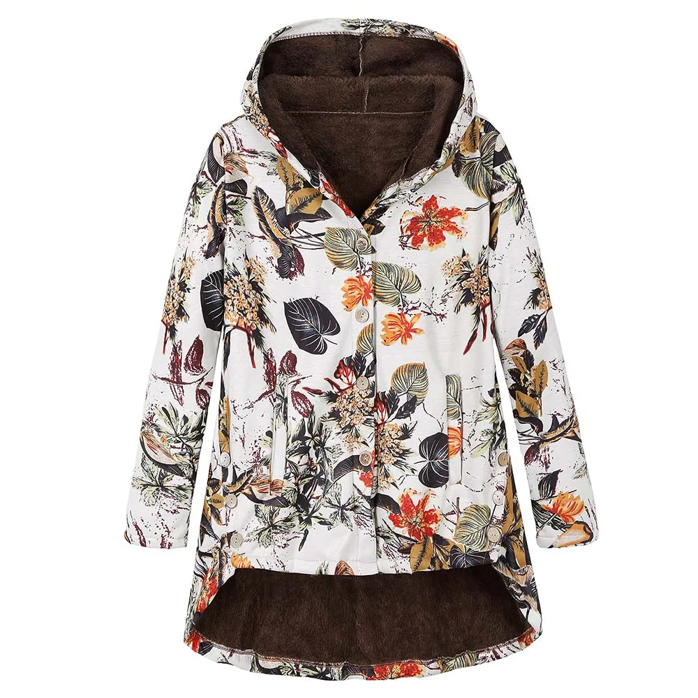 

Winter Thick Warm Women Parkas Single-Breasted Hooded Irregular Jacket Outwear Vintage Print Ladies Coats Oversize