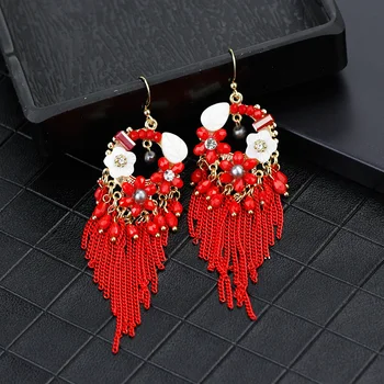 

SUNSPICEMS New Indian Tassels Earring For Women Handmade Shell Flower Bohemia Long Wedding Drop Earring Gypsy Bridal Gift Bijoux