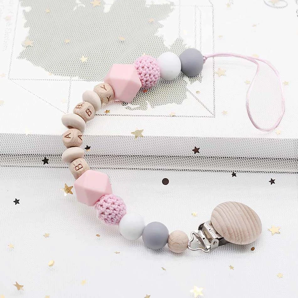 

Personalized Name Custom Baby Name Pacifier Clips Beech Beads Handmade Silicone Pacifier Chains Toddler Teether Teething Chain