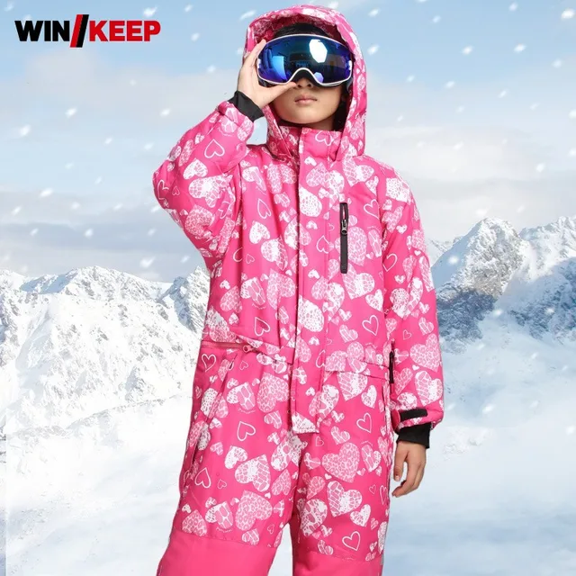 US $82.59 Children One Piece Skiing Suit Floral Printed Hoody Winbreaker Warm Snowboarding Set Kids Winter Ou