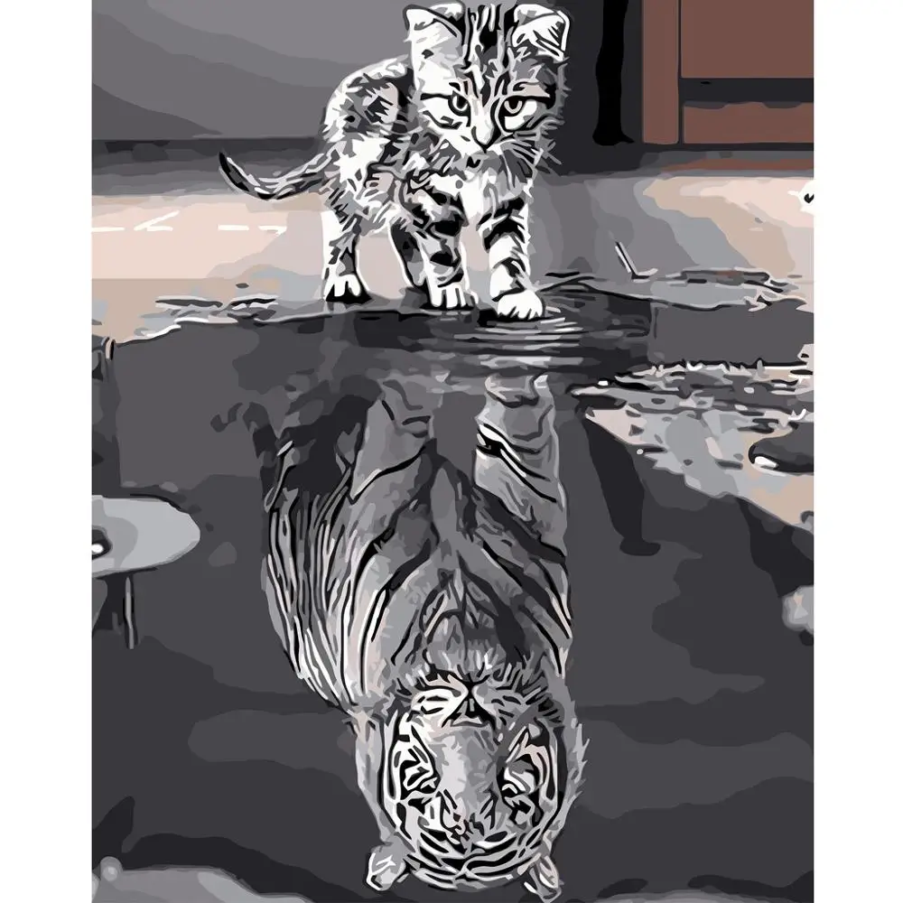 Painting By Numbers Black White Cat Or Tiger Animals Hand Painted Drawing Kit Home Decor Room Wall Art 40X50CM | Дом и сад