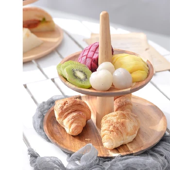 

Solid Wood Cake Pan Plate Fruit Dishes Saucer Tea Tray Dessert Dinner Bread Round Wood Plate Cake Storage Dish