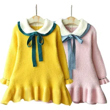 Одежда для маленьких девочек вязаное платье, свитер с оборками, юбка толстый теплый свитер с бантом, платье-свитер милый детский свитер из бархата платье феи